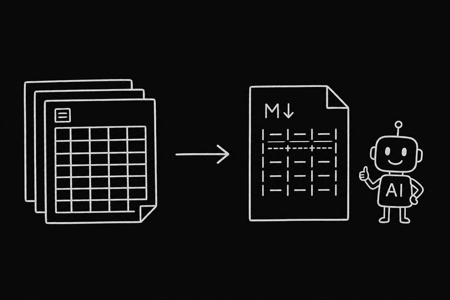 Hand-drawn spreadsheet-to-Markdown diagram: a workbook grid becomes a Markdown table that an agent can read