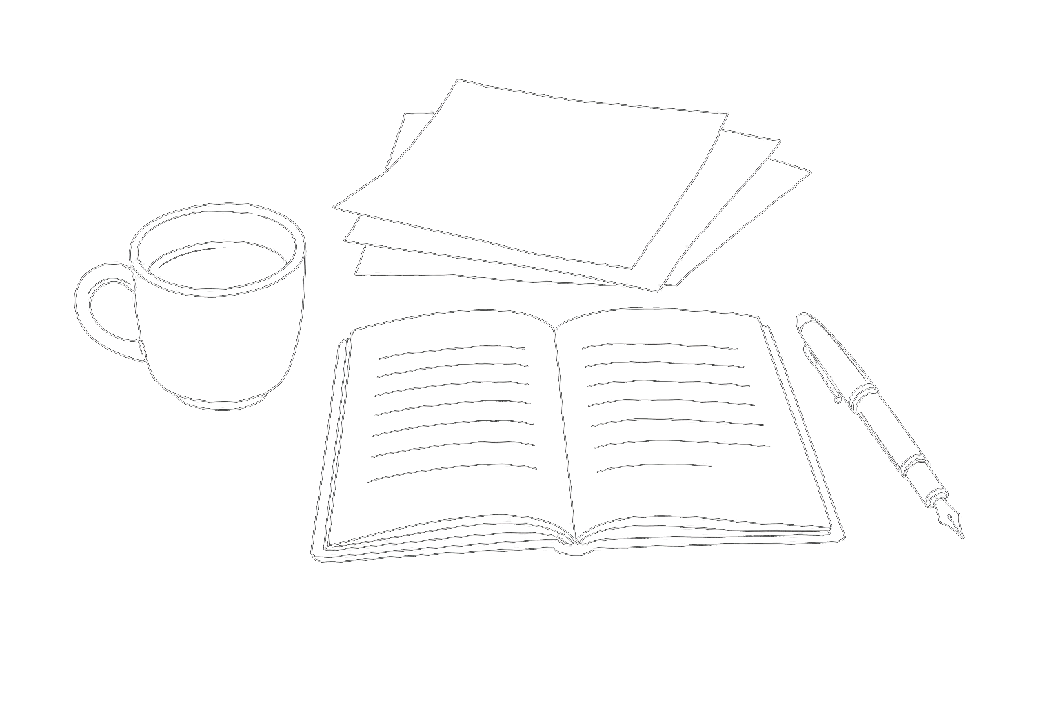 Hand-drawn line illustration: a writer's desk with an open notebook, fountain pen, coffee cup, and stack of paper notes — calm contemplative composition