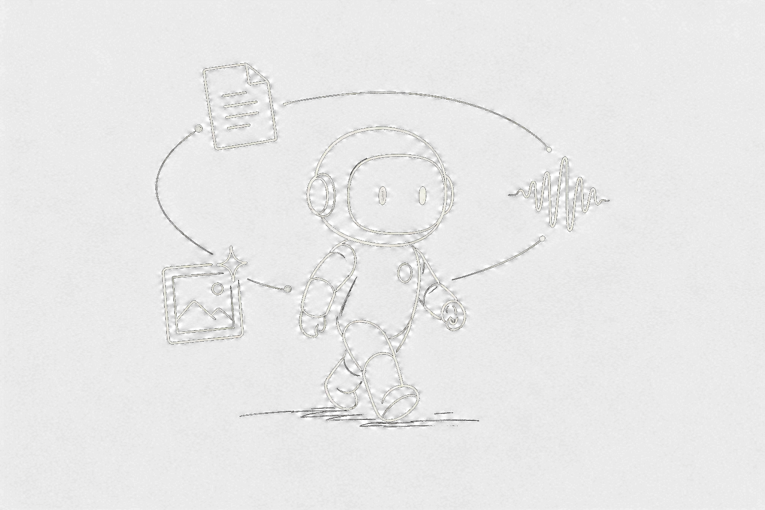 Hand-drawn line illustration: a friendly humanoid AI agent silhouette in the center extending three slender hands — one holding a folded document (read), one holding a sound waveform (listen), one holding a small framed picture with a sparkle (create)
