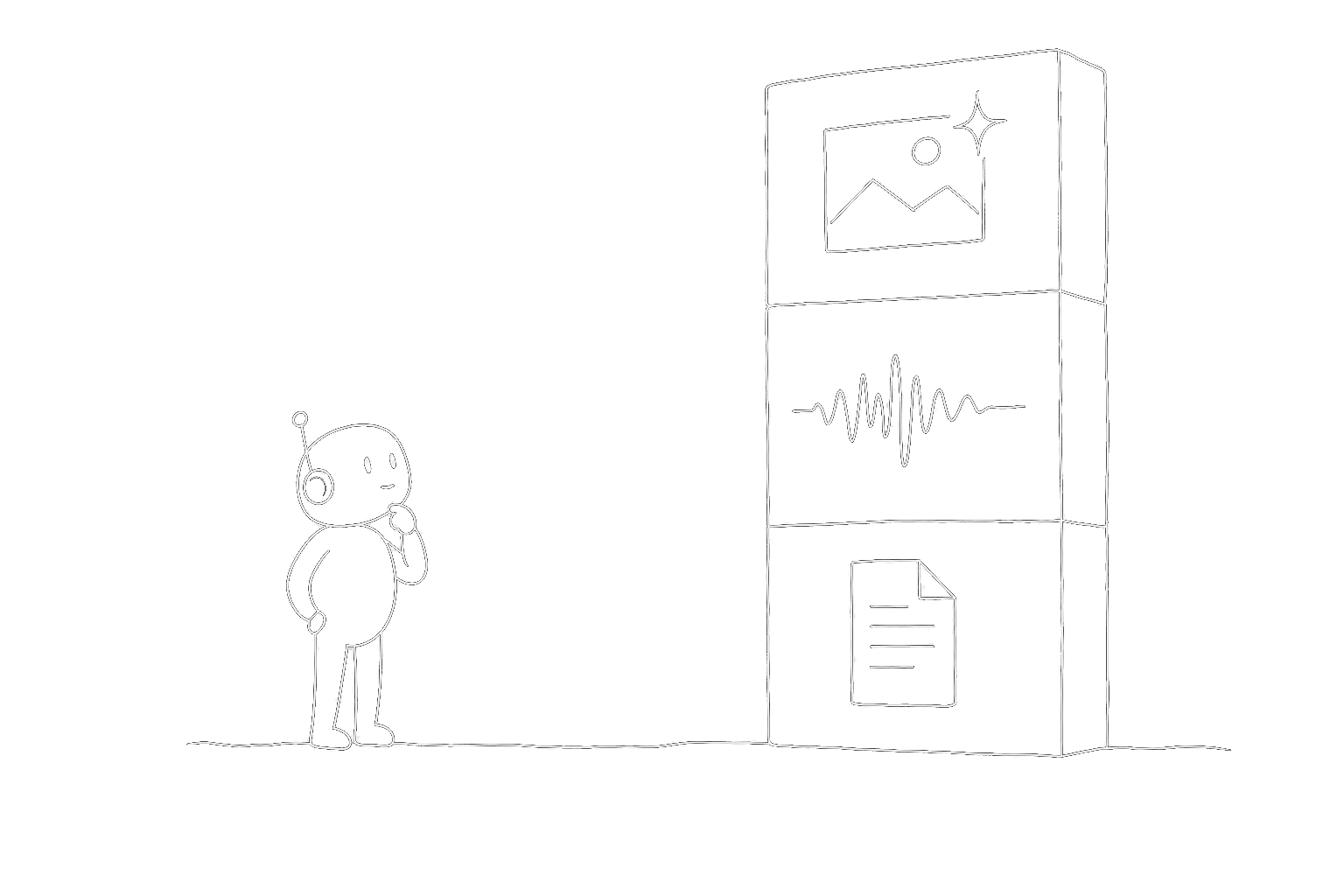 Hand-drawn line illustration: a small AI agent silhouette facing a tall wall built of three stacked blocks (folded document, sound waveform, empty picture frame) — three shapes of work it can't finish on its own