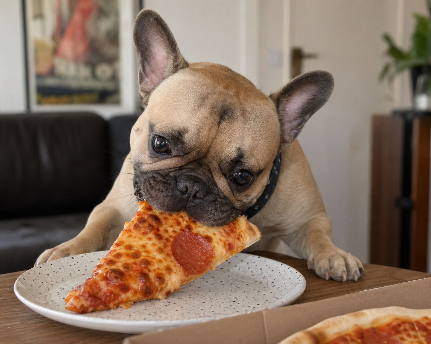 Photorealistic image of a French bulldog eating a slice of pepperoni pizza — generated through Frenchie's generate_image MCP tool