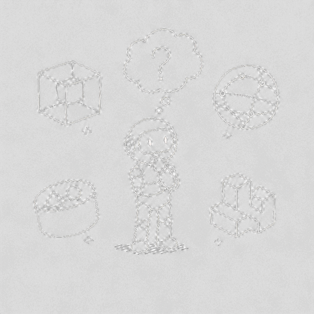 Hand-drawn line illustration: a small humanoid AI agent in a thoughtful pose with one hand on its chin, a question-mark thought bubble above, and four different abstract tool boxes hovering at the four sides — wondering which alternative to evaluate