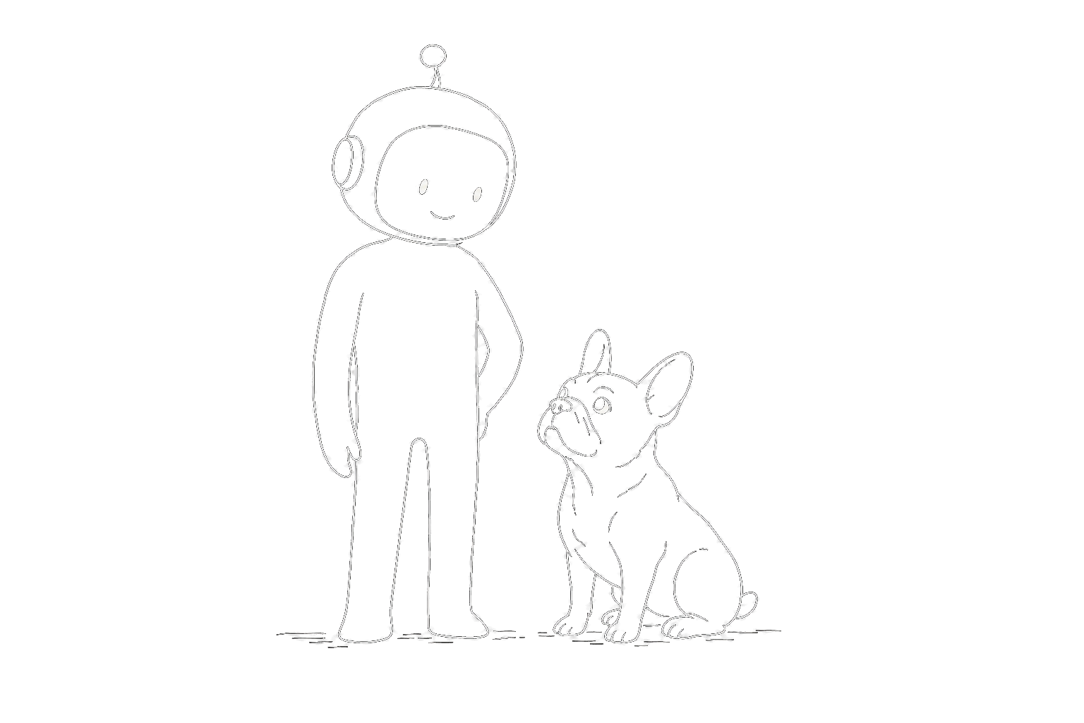 Hand-drawn line illustration: a friendly humanoid AI agent silhouette standing next to a French bulldog (the brand mascot Frenchie) sitting beside it on its haunches, looking up at the agent — companion composition