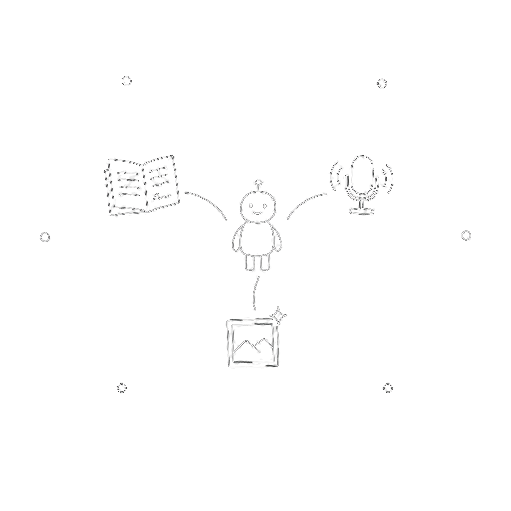 Hand-drawn line illustration: a central AI agent silhouette surrounded by three capability icons (document, microphone with waves, framed sparkle) and outer dots representing additional workflows